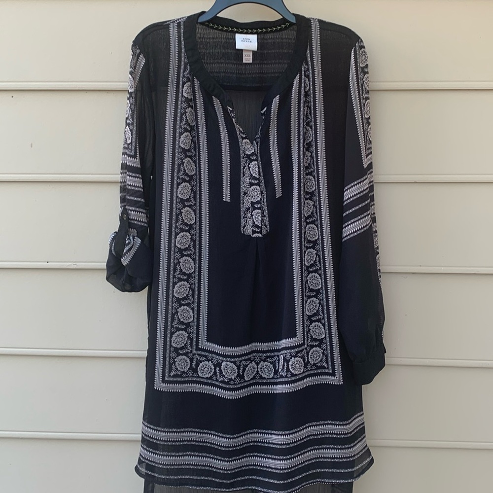 Knox Rose Sheer Black w/Cream Design Blouse, XXL